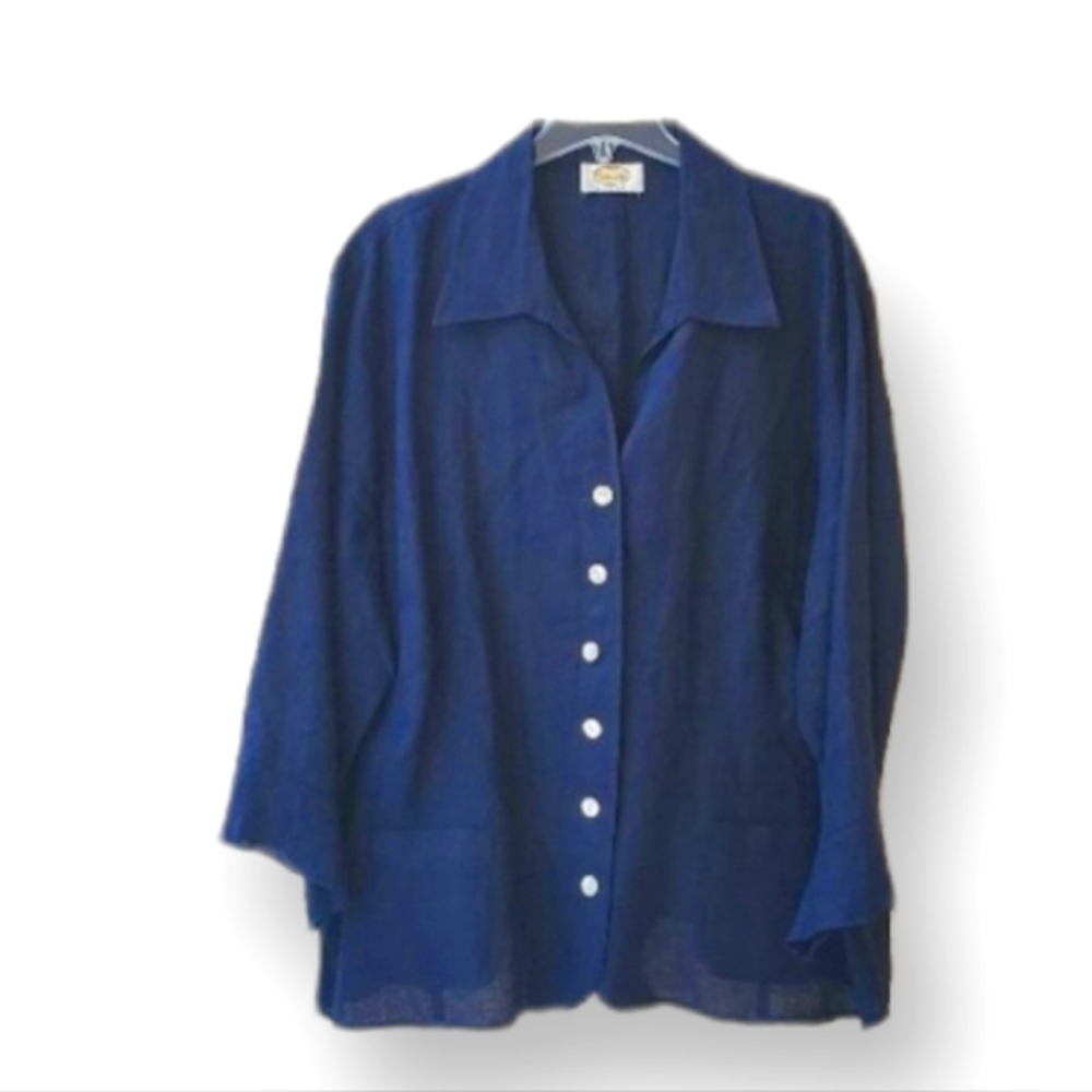 Talbots Vintage Navy Blue Irish Linen Pearlized Buttons Single Breasted Shacket